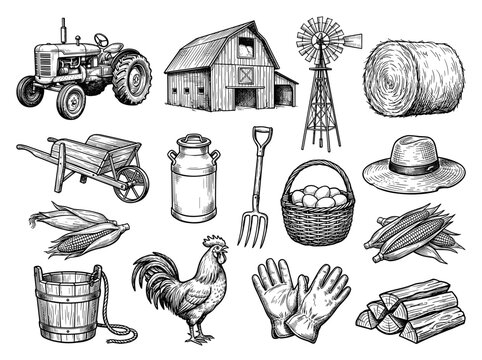Traditional farm life elements set, hand drawn ink sketch of vintage barn and rustic agricultural objects