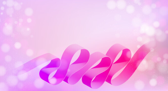 Pink ribbon with soft bokeh light effect on pastel background, symbolizing awareness and support with gentle and hopeful mood