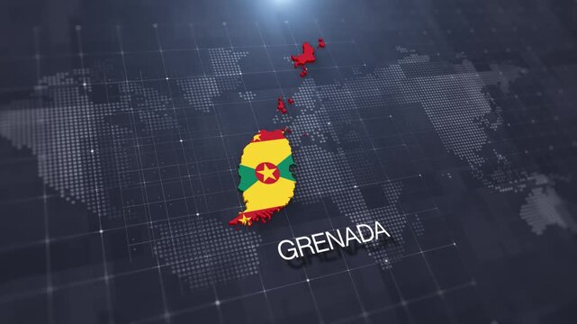 Grenada map with national flag on digital world map background, geographic border, global political and international news concept