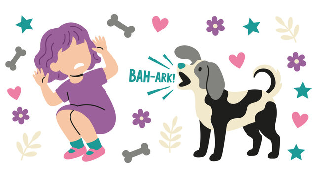Little girl feeling scared of barking dog illustration with floral and bone background.