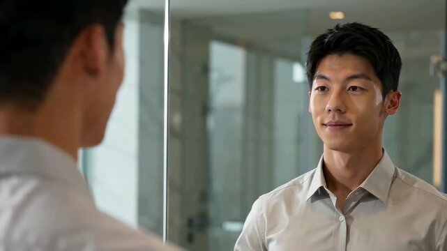 Confident young Asian businessman looking at his reflection in a bathroom mirror while getting ready and buttoning a clean white dress shirt.