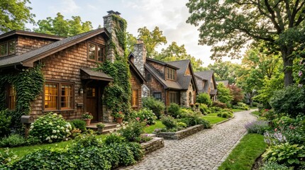 Fototapeta premium Charming rustic stone and timber cottage nestled in a lush green forest garden.