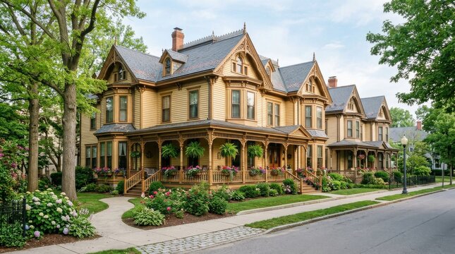 Historic Victorian mansion with ornate porch architecture in a residential neighborhood.