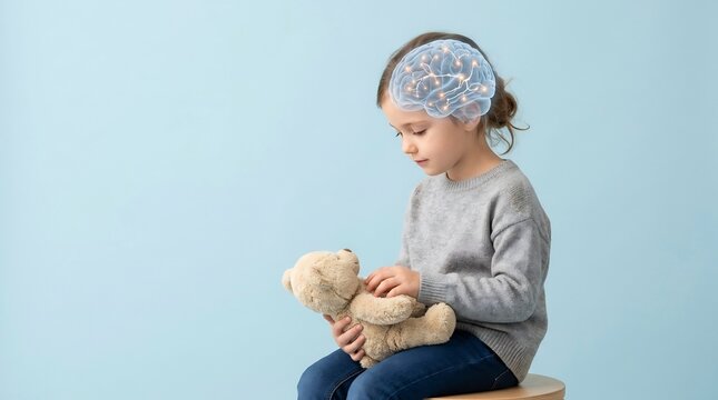 Young girl sitting and holding a teddy bear with a conceptual glowing brain graphic overlay