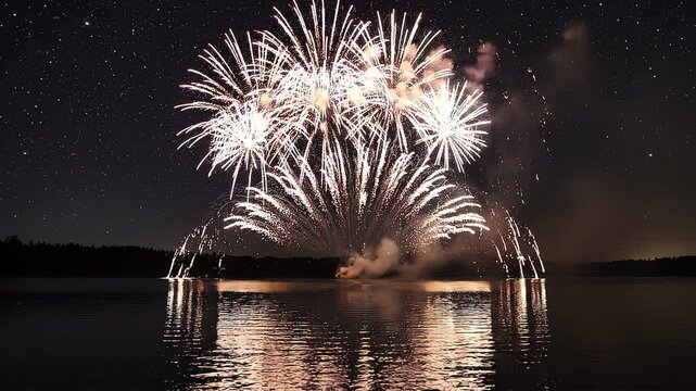 Vibrant Fireworks Exploding Over Lake with Reflections Under Starry Night Sky