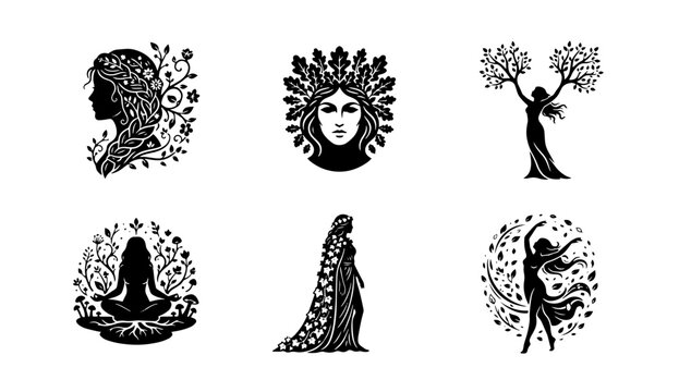 70 Elegant Female Silhouette Vector Icons, Nature Goddesses, Yoga Poses, Dancing Figures, Floral Embellishments, Black and White Artistic Set 100