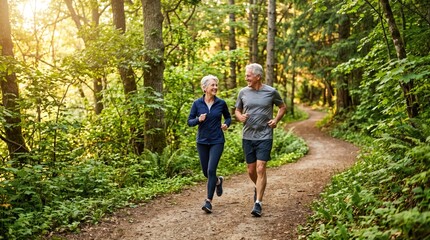 Fototapeta premium A joyful couple jogs together on a serene forest trail, embracing nature and fitness in the early morning light.