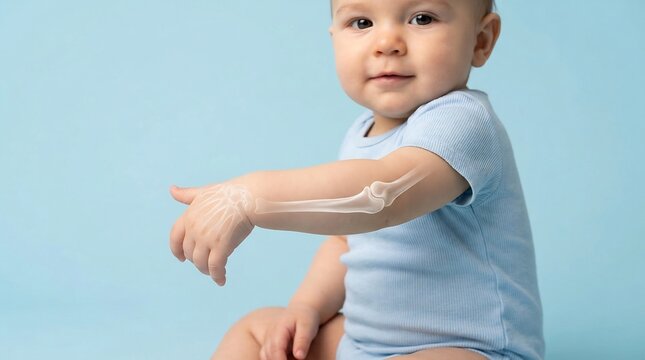 Infant with congenital radial club hand deformity featuring medical X-ray overlay of bone structure