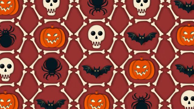 Red Halloween Bone Grid Pattern. A 4K seamless paper-cut animation featuring pumpkins, skulls, bats, and spiders inside a geometric bone lattice pattern on a deep red background. Great for backdrops.