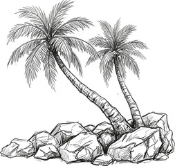 Hand Drawn Tropical Palm Trees Vector Sketch with Coastal Shore Rocks for Beach, Island, Summer Vacation, and Exotic Nature Landscape Graphic Designs © Rafika