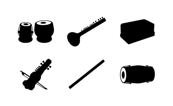 70 Indian Classical Music Instruments Collection, Traditional Cultural Icons, Vector Set of Sitar, Tabla, Violin, Dholak, and More for Performance and Education 100