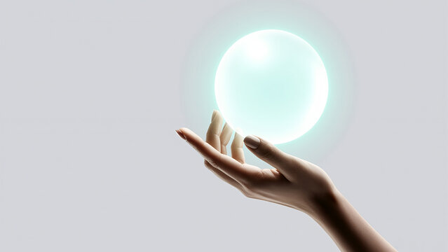 Close up of a female hand gently reaching out towards a glowing magical orb of light.