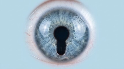 Macro view of human eye with keyhole shaped pupil, medical coloboma concept illustration © Saba
