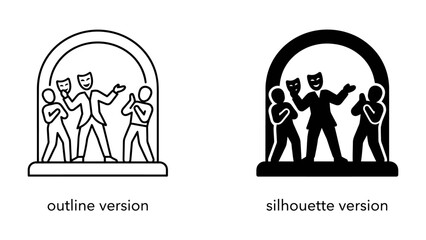Fototapeta premium Theater Masks Symbol: A graphic illustration of a theater emblem featuring performers holding drama and comedy masks, symbolizing the performing arts.