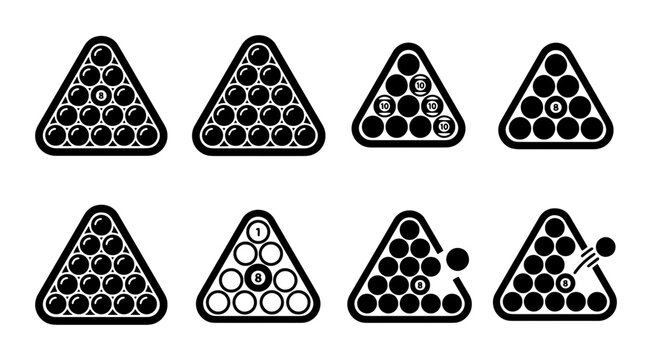 70 Billiard Balls Triangle Racks, Set of 8 Vector Icons, Pool Game Equipment, Sports Club Graphics, Black and White Flat Design 100