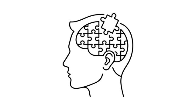 Human head silhouette featuring a brain constructed from puzzle pieces with one piece hovering above as a solution.