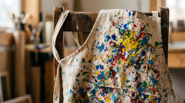 Paint splattered artist apron hanging on a wooden chair in studio