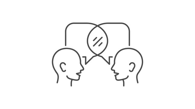 Speech bubbles connect two human heads to illustrate a conversation or exchange of ideas.