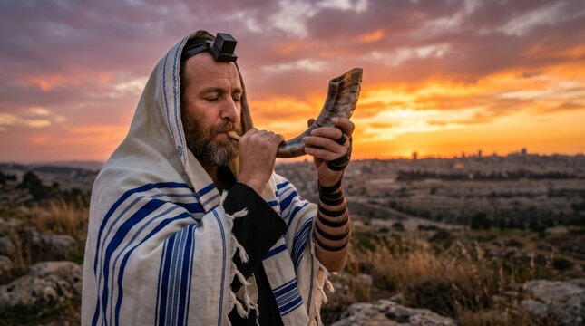 Jewish man in tallit and tefillin blowing shofar against a dramatic sunset over jerusalem