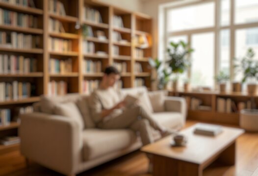 Blur image of a person enjoying a book in a peaceful reading corner surrounded by bookshelves.
