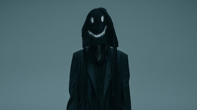 Conceptual portrait of a person hiding their identity behind a creepy fake smile creepy mask representing hidden emotions or depression.