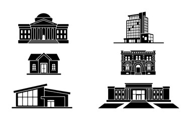 Obraz premium 70 Modern and Classic Building Silhouettes, Architectural Icons Collection, Diverse Structure Styles, Urban Design Elements, Vector Graphics Set 100