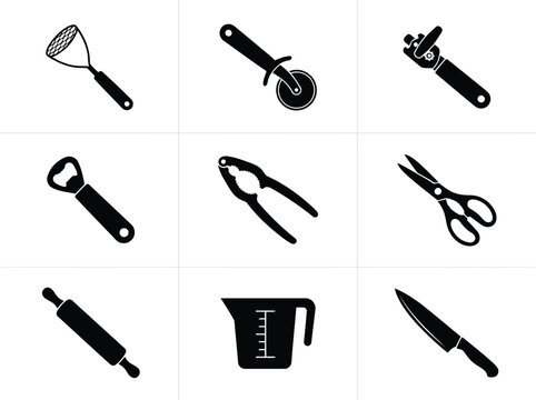 Set of kitchen tools icons including potato masher pizza cutter can opener bottle opener nutcracker scissors rolling pin measuring cup and chef kitchen knife