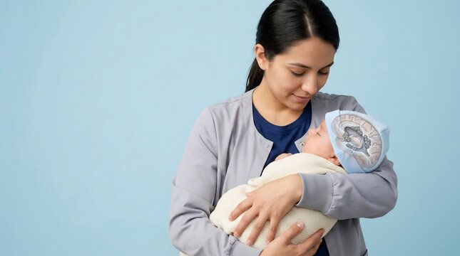 Adult holding a newborn baby wearing a blue cap with a brain anatomy illustration, representing pediatric neurology and infant brain development