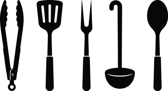 Set of black kitchen cooking utensils icons featuring a tong spatula meat fork ladle and spoon for food preparation and barbecue grill tools design elements