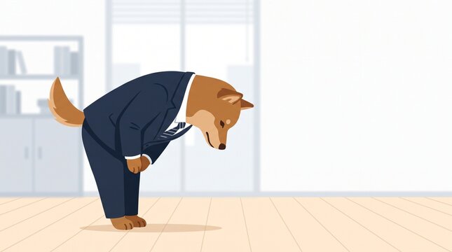 スーツを着て丁寧にお辞儀をする柴犬のビジネスイラスト