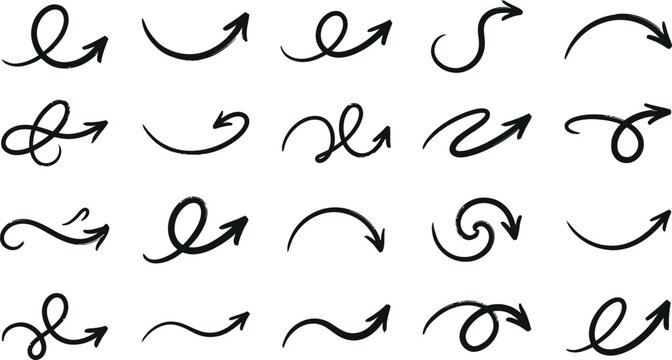 Set of hand-drawn vector doodle arrows with various artistic curls and directional styles handdrawn sketched direction pointers collection scribble illustration elements abstract pointing