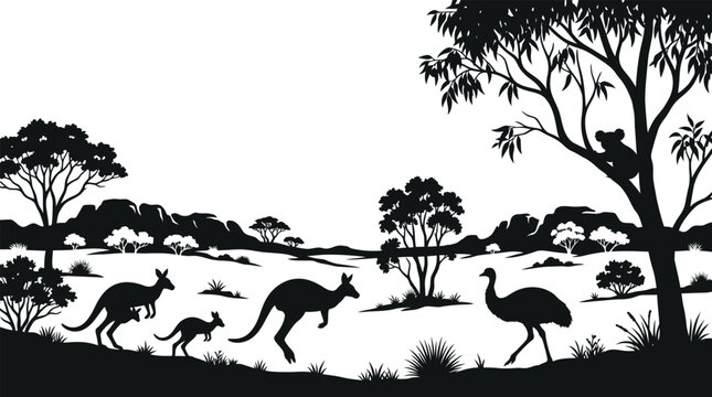 Australian outback wildlife silhouette scene featuring kangaroos emu and koala in eucalyptus forest kangaroo australia wildlife silhouette landscape eucalyptus wilderness illustration