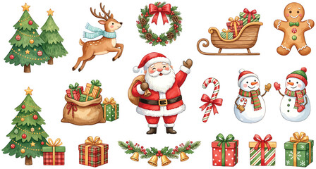 Fototapeta premium Christmas holiday elements collection with Santa Claus reindeer snowman and festive gift boxes in watercolor vector style
