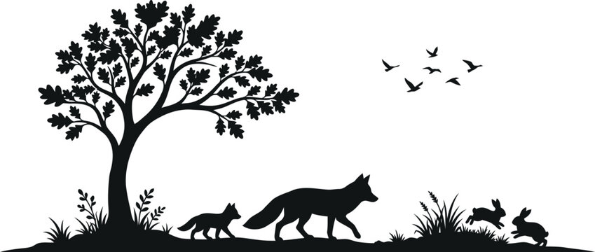 Forest animal silhouette illustration featuring a fox and rabbits under a large oak tree silhouette wildlife illustration woodland outdoors landscape background minimalist creature