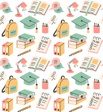 Vector seamless pattern with cute school supplies, books, graduation cap, and backpack.