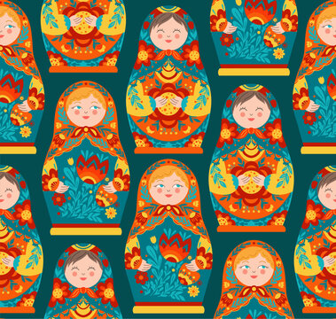 Vector seamless pattern with matryoshka dolls in folk art style on dark blue background. Texture with decorative Slavic women.