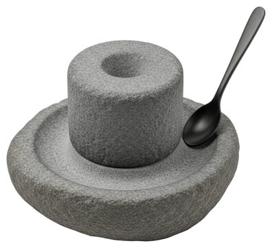 Traditional grey stone grain mill with black spoon with transparent backdrop