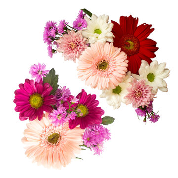 Colorful Flowers Arrangement Daisy, Gerbera, Aster, Chrysanthemum, Top View, Transparent Background Ornaments for Wedding Card or Greeting Card