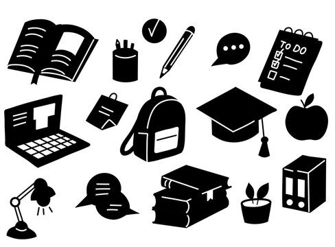 Vector set of black silhouette school clip art. Back to school. Monochrome collection of education and learning illustrations