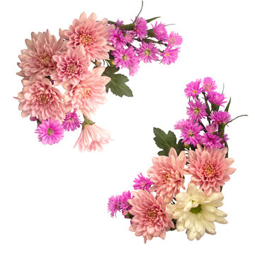 Pink, Purple, and White Flowers Arrangement Corner Aster, Chrysanthemum, Top View, Transparent Background Ornaments for Wedding Card or Greeting Card