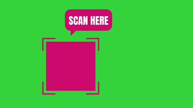 A pink square frame with a speech bubble text box saying scan here on a bright green background.