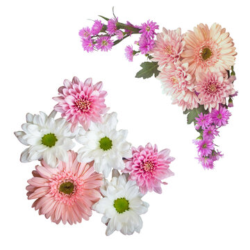 Pink, White, and Purple Flowers Arrangement Daisy, Gerbera, Aster, Chrysanthemum, Top View, Transparent Background Ornaments for Wedding Card or Wedding Card Frame