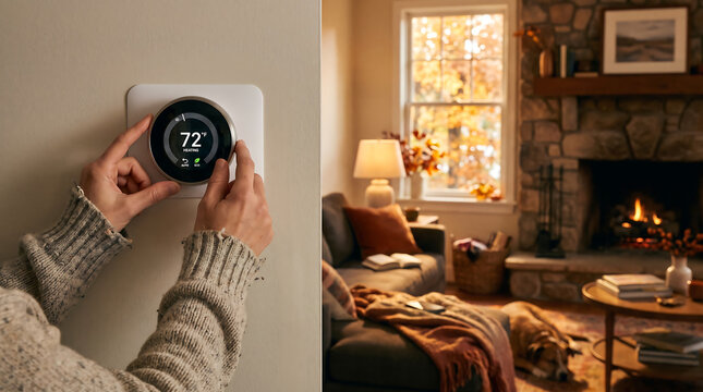 Person adjusting modern smart digital thermostat display on wall for home heating in cozy living room with fireplace during autumn season