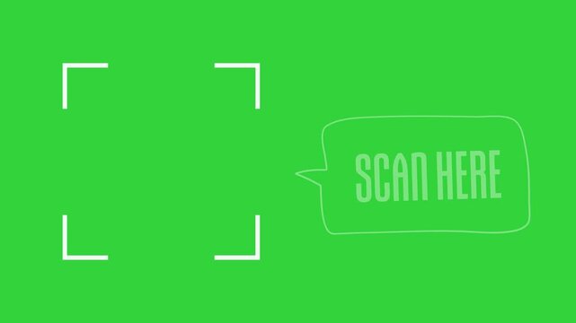 Digital scanning interface with a scan here speech bubble for qr code on green background.