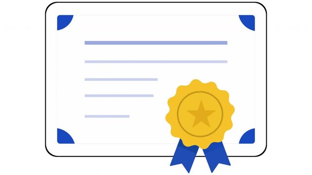 Animated diploma certificate paper with gold seal ribbon video flat vector illustration motion graphic education achievement concept