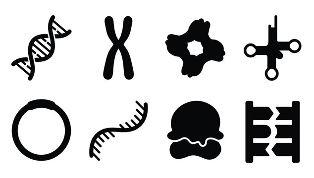 Genetics and molecular biology icon set featuring dna double helix chromosome trna plasmid single strand and gene editing vectors