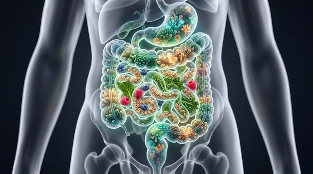 An intricate representation of the human digestive system showcasing colorful bacteria and digestive processes.