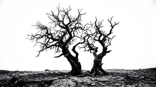 Two gnarled, leafless trees in a barren landscape