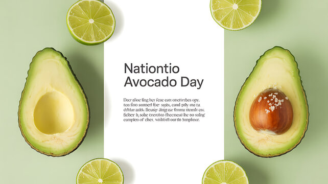 National Avocado Day celebration with avocado and lime slices on a green background