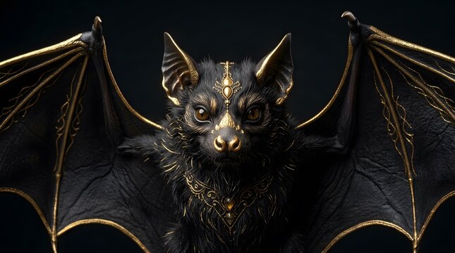 Ornate black and gold bat portrait